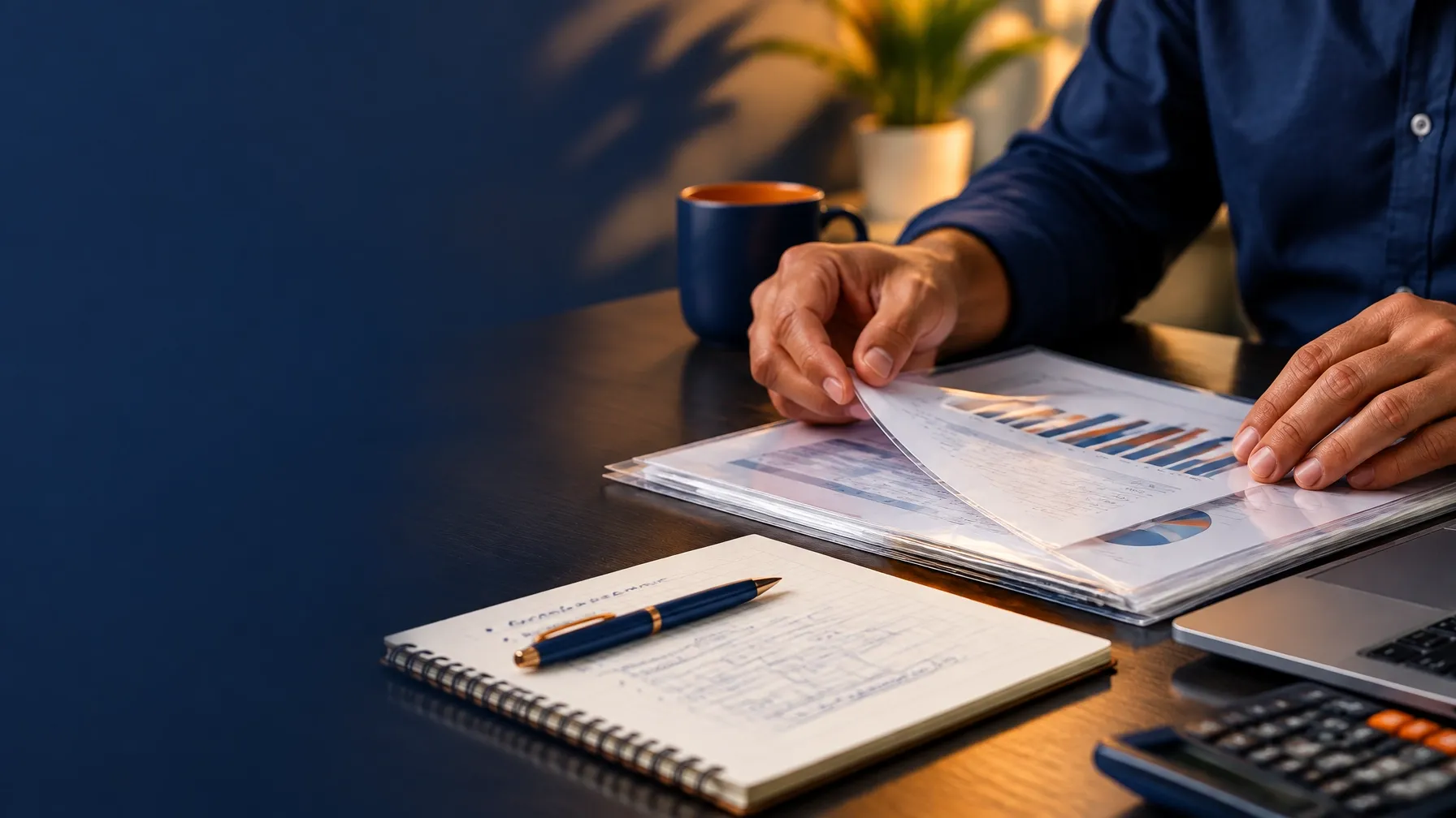 Hands organizing transparent financial documents and a handwritten plan on a dark desk