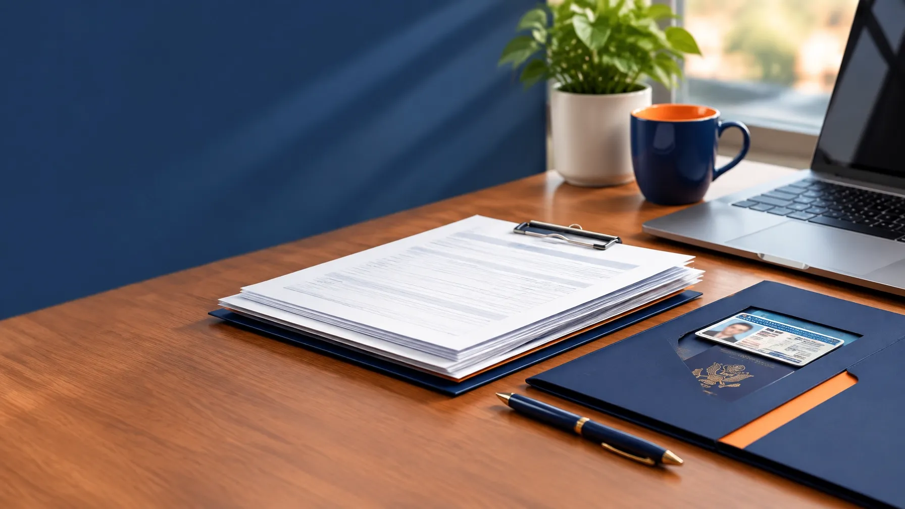 Organized business records and a pen beside a laptop ready for review