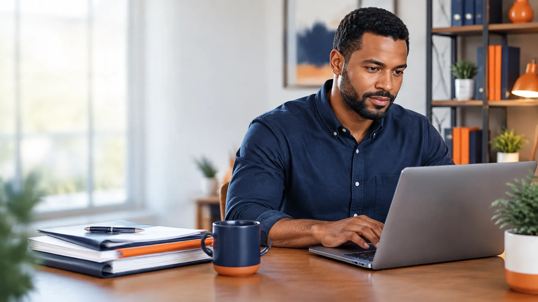 Entrepreneur completing a secure online funding application with organized documents nearby