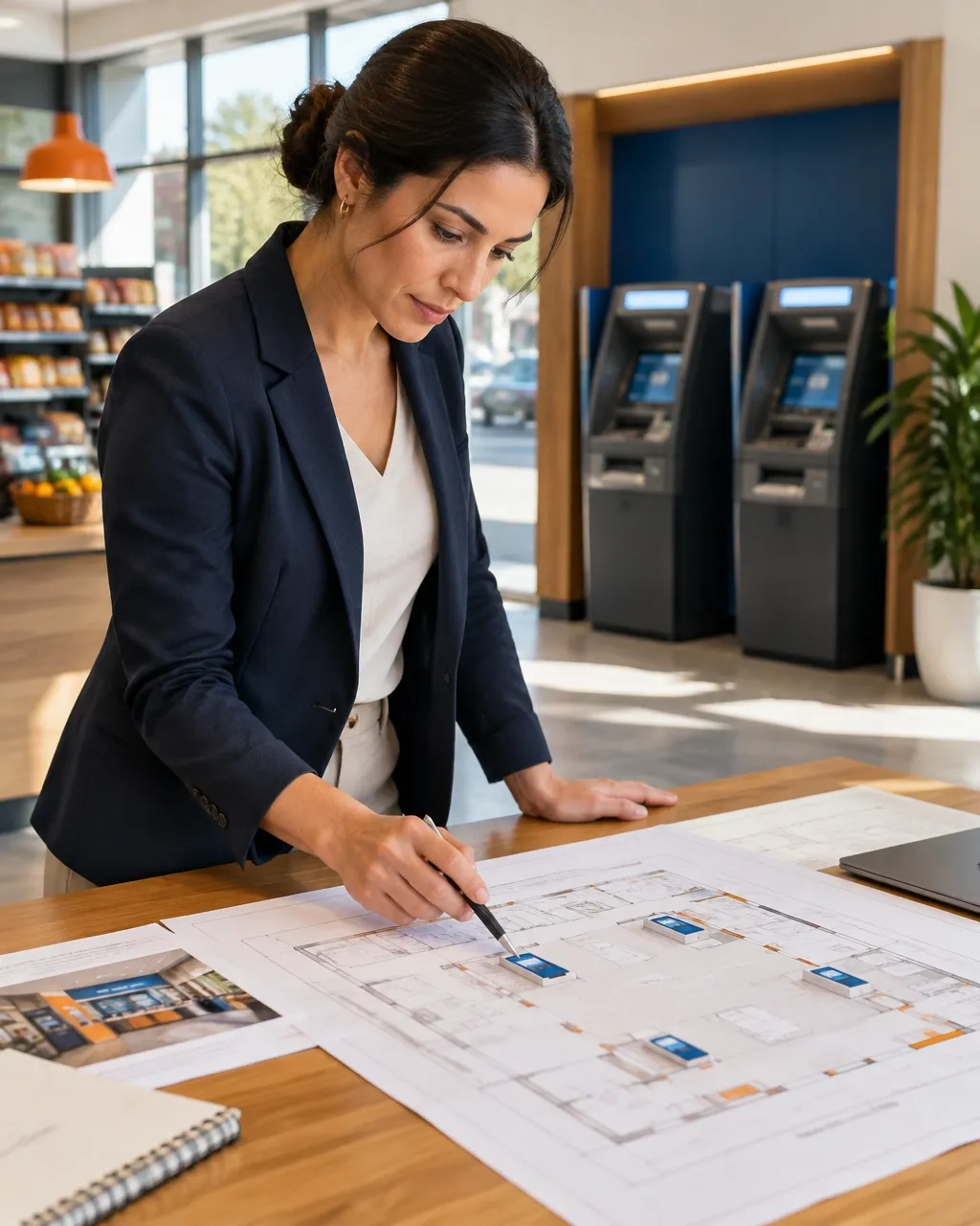 Business owner inspecting an ATM placement plan for a retail location