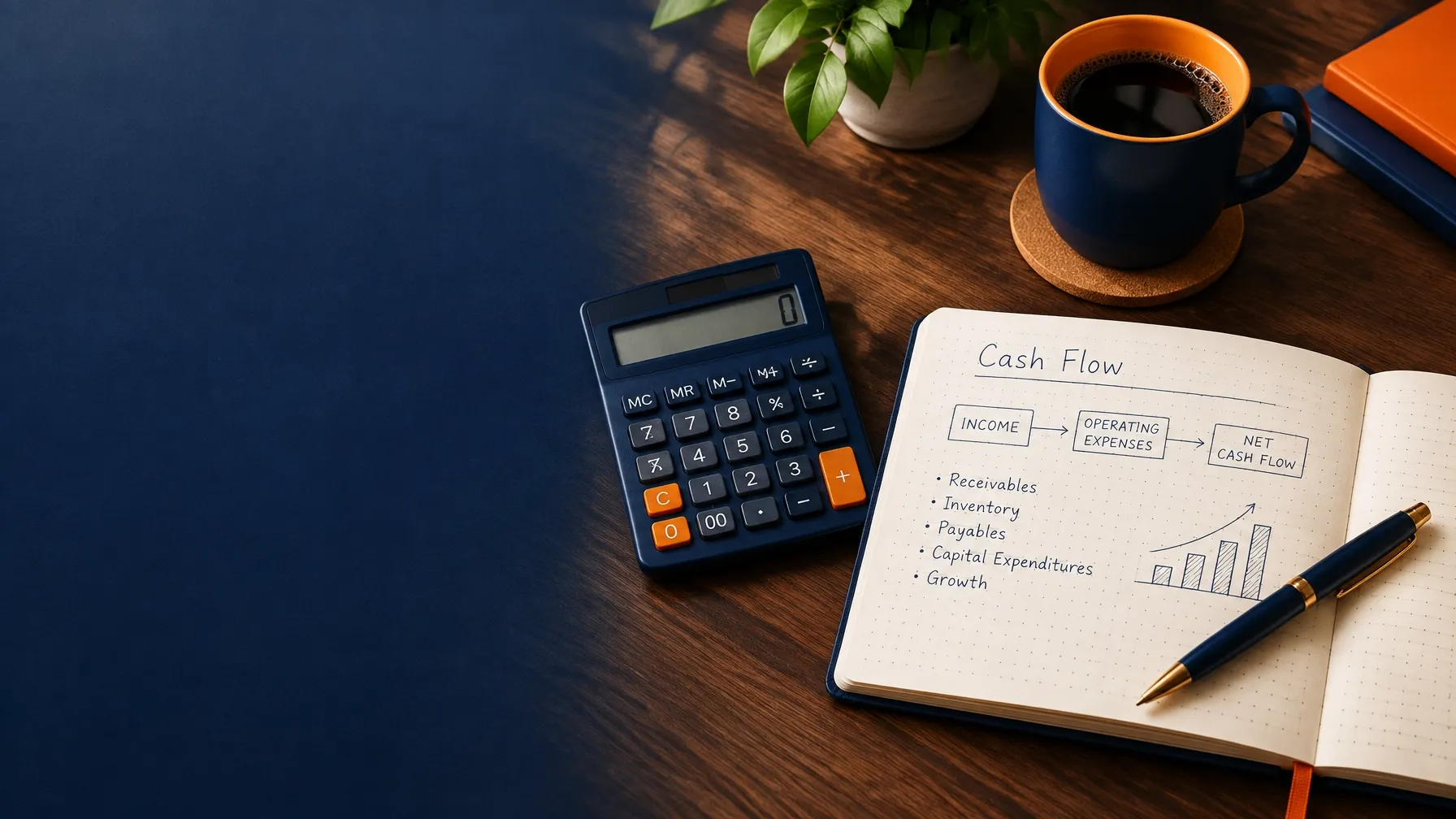 Open notebook with cash-flow notes, calculator, pen, and coffee on a business desk