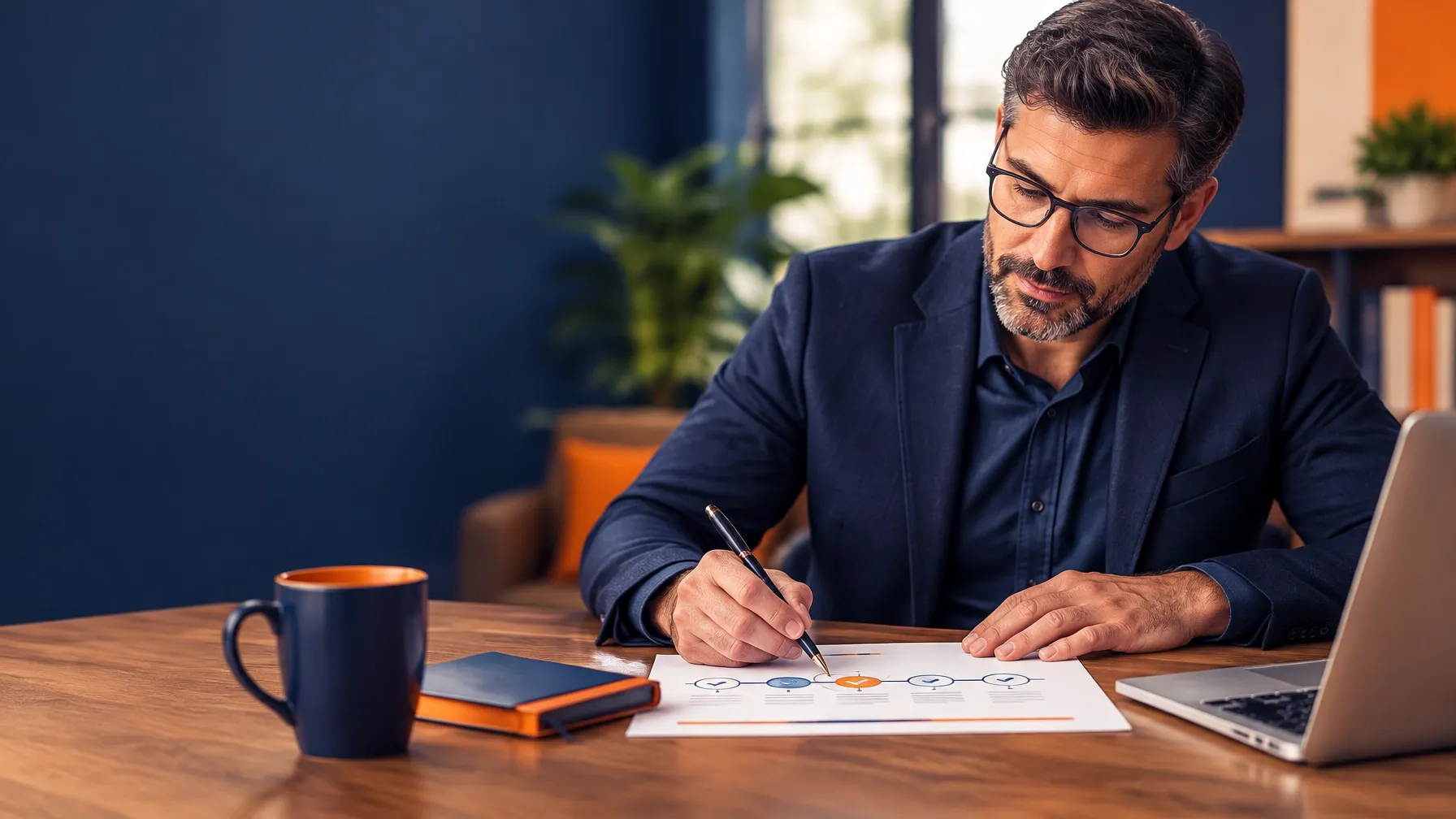 Founder marking a clear next step on a planning sheet beside a laptop