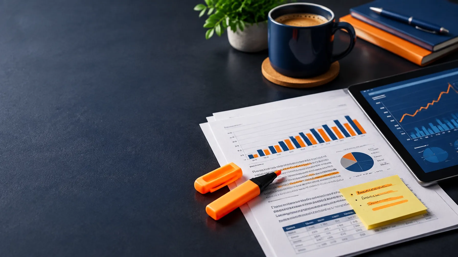 Printed financial article, highlighted notes, and tablet on a dark desk