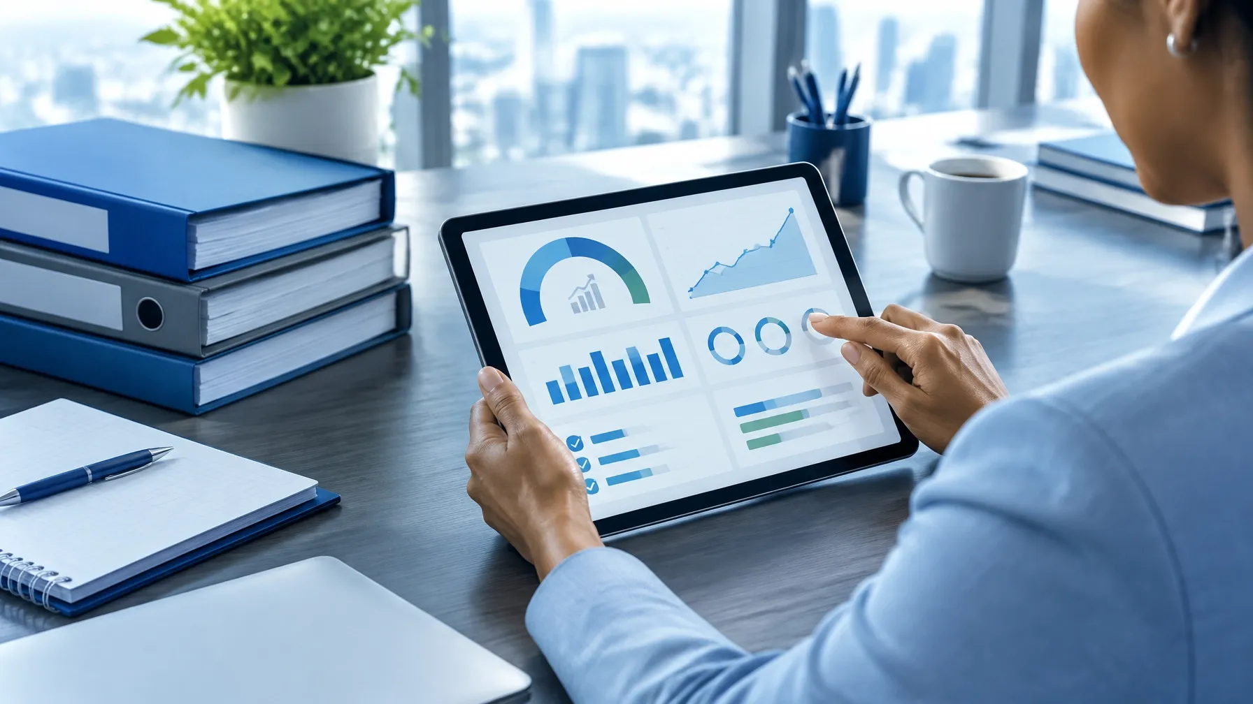 Entrepreneur reviewing business credit progress on a tablet beside organized financial folders