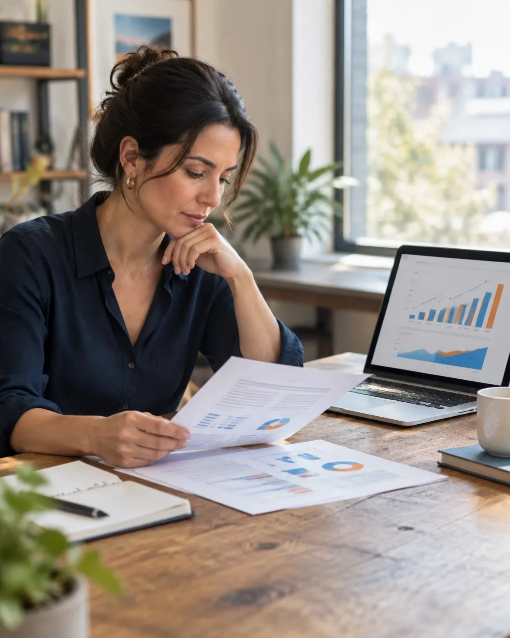 Business owner reviewing a revolving capital plan beside a laptop
