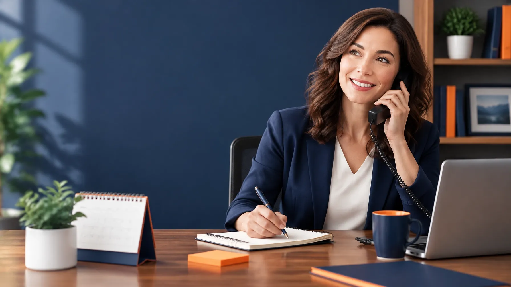 Advisor answering a phone beside a tidy desk with a calendar and notes