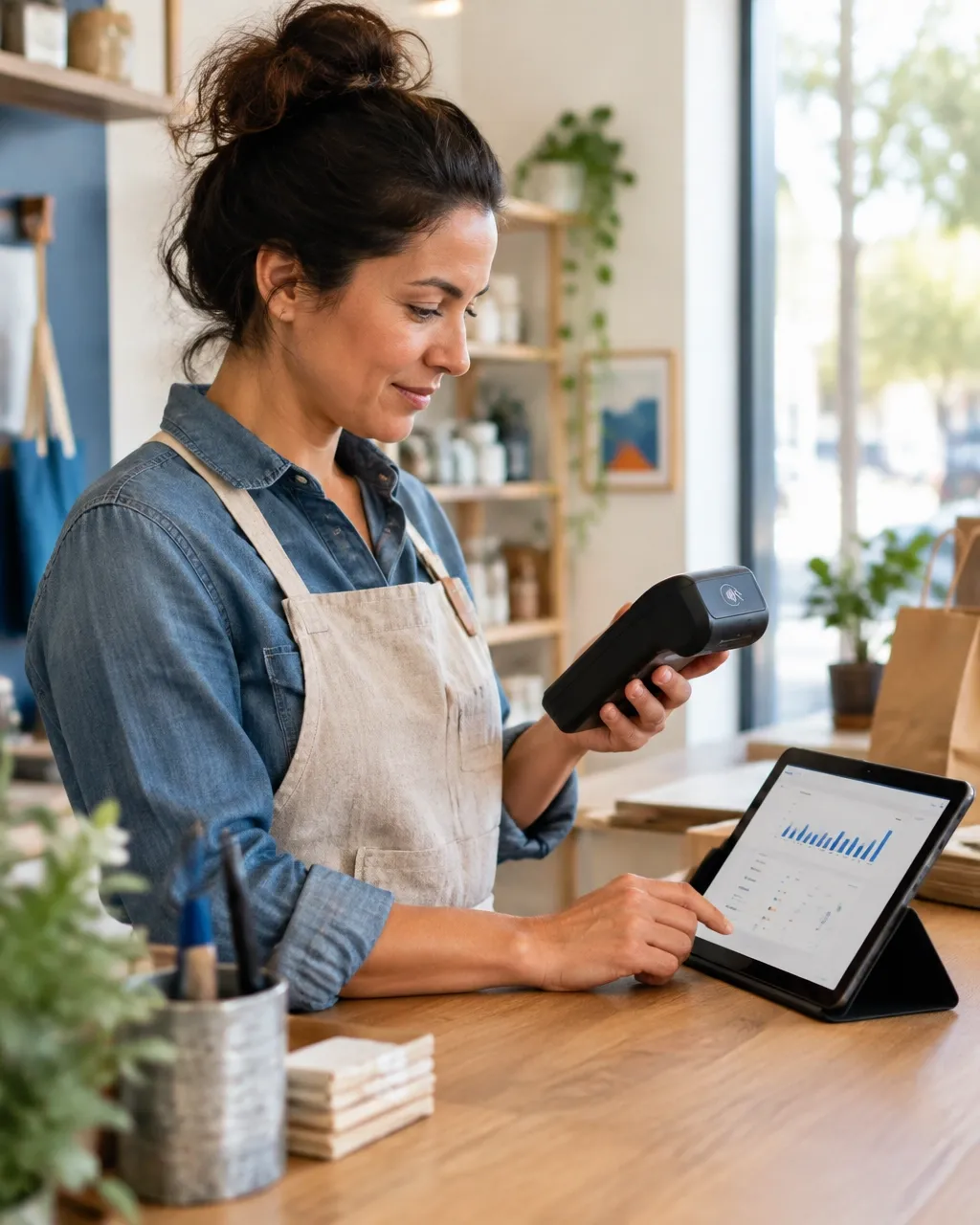 Shop owner reviewing a contactless payment terminal and transactions