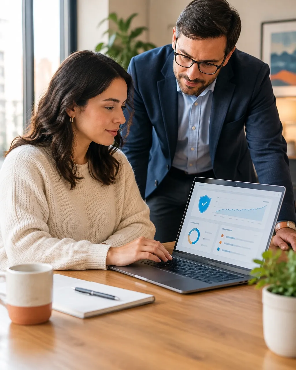 Client checking a secure credit monitoring dashboard with an advisor