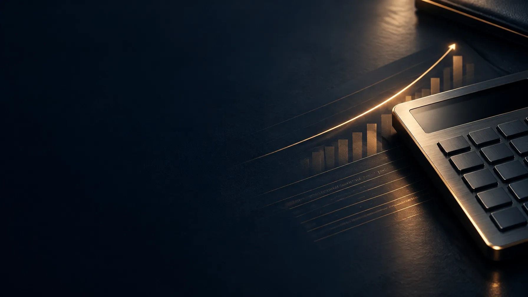 Cinematic calculator on a dark financial planning desk with a gold growth line
