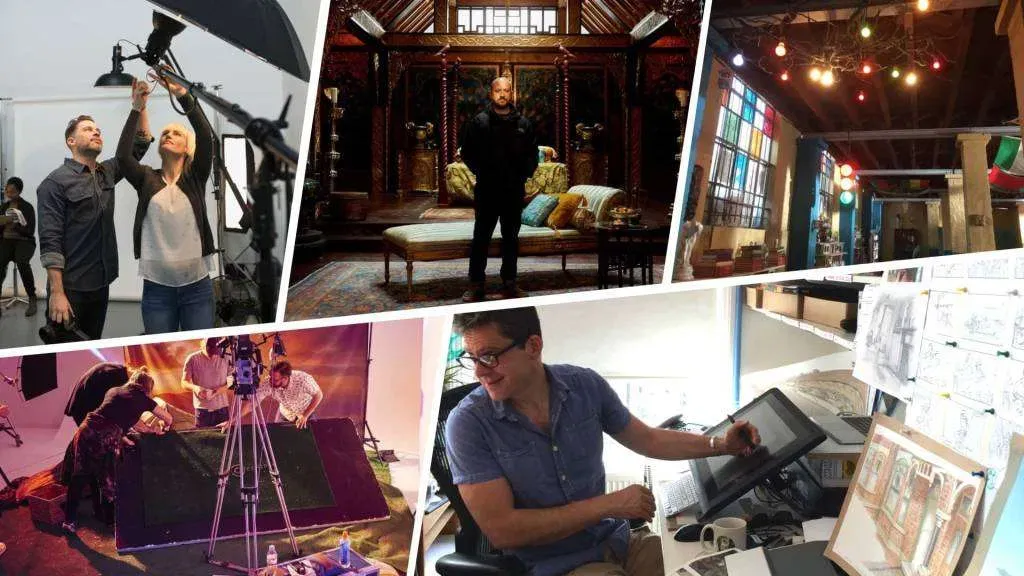 Creative production team working across studio equipment and media workflow