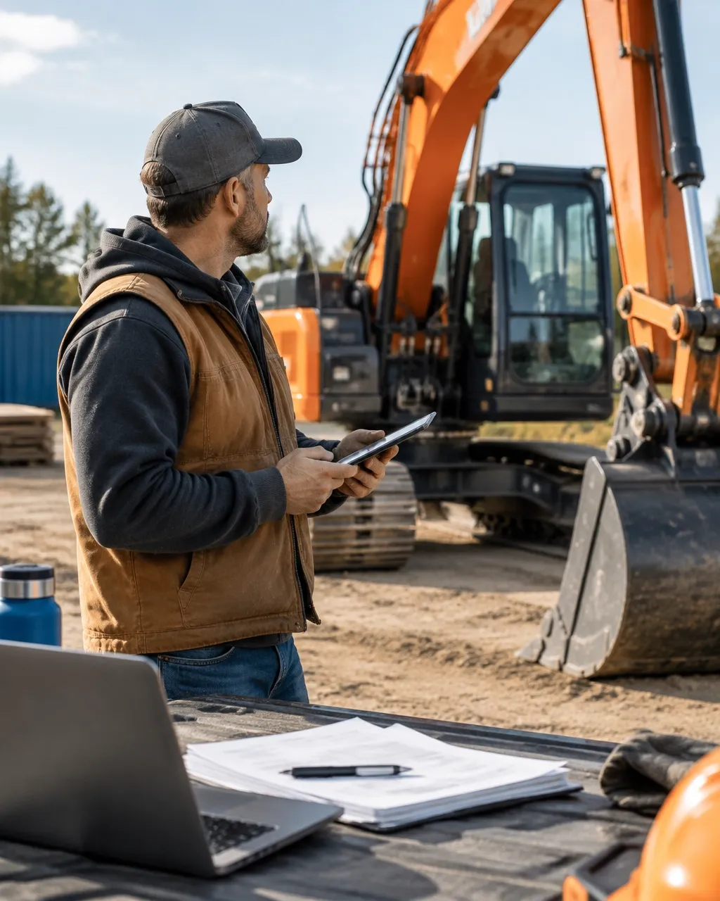 Construction operator inspecting equipment and a purchase quote