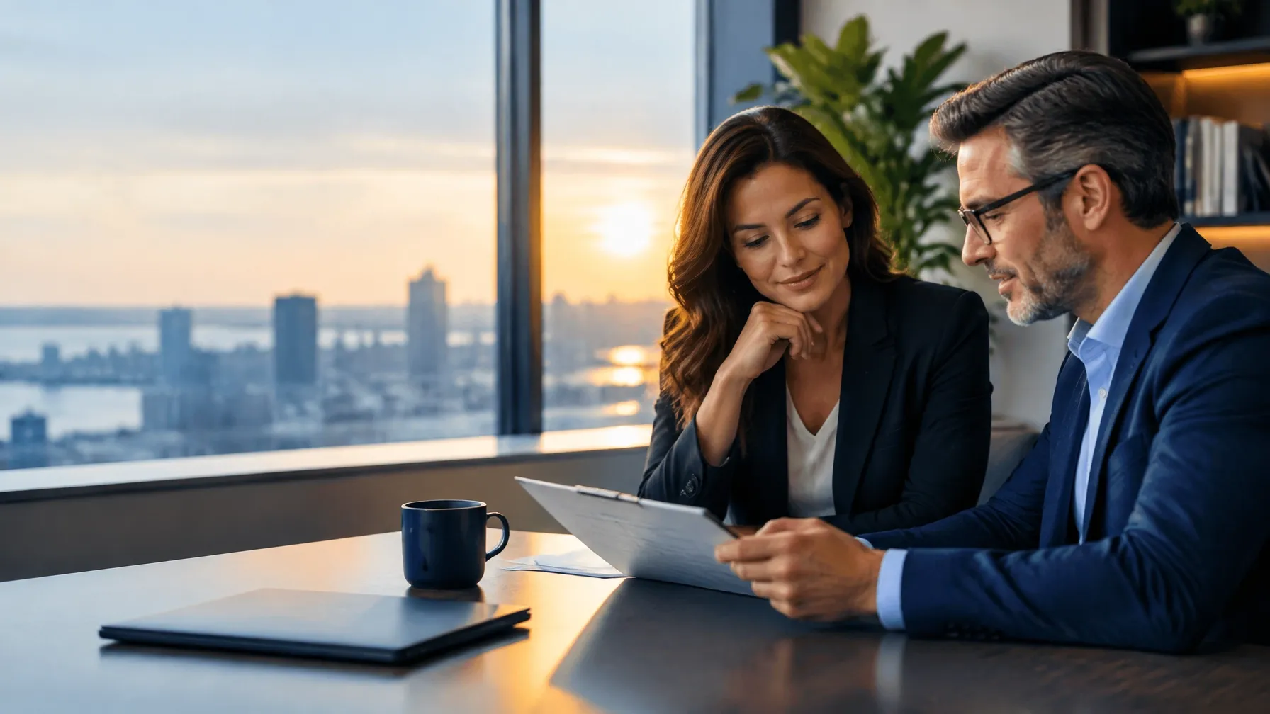 Advisor and founder reviewing the next steps in a financial plan