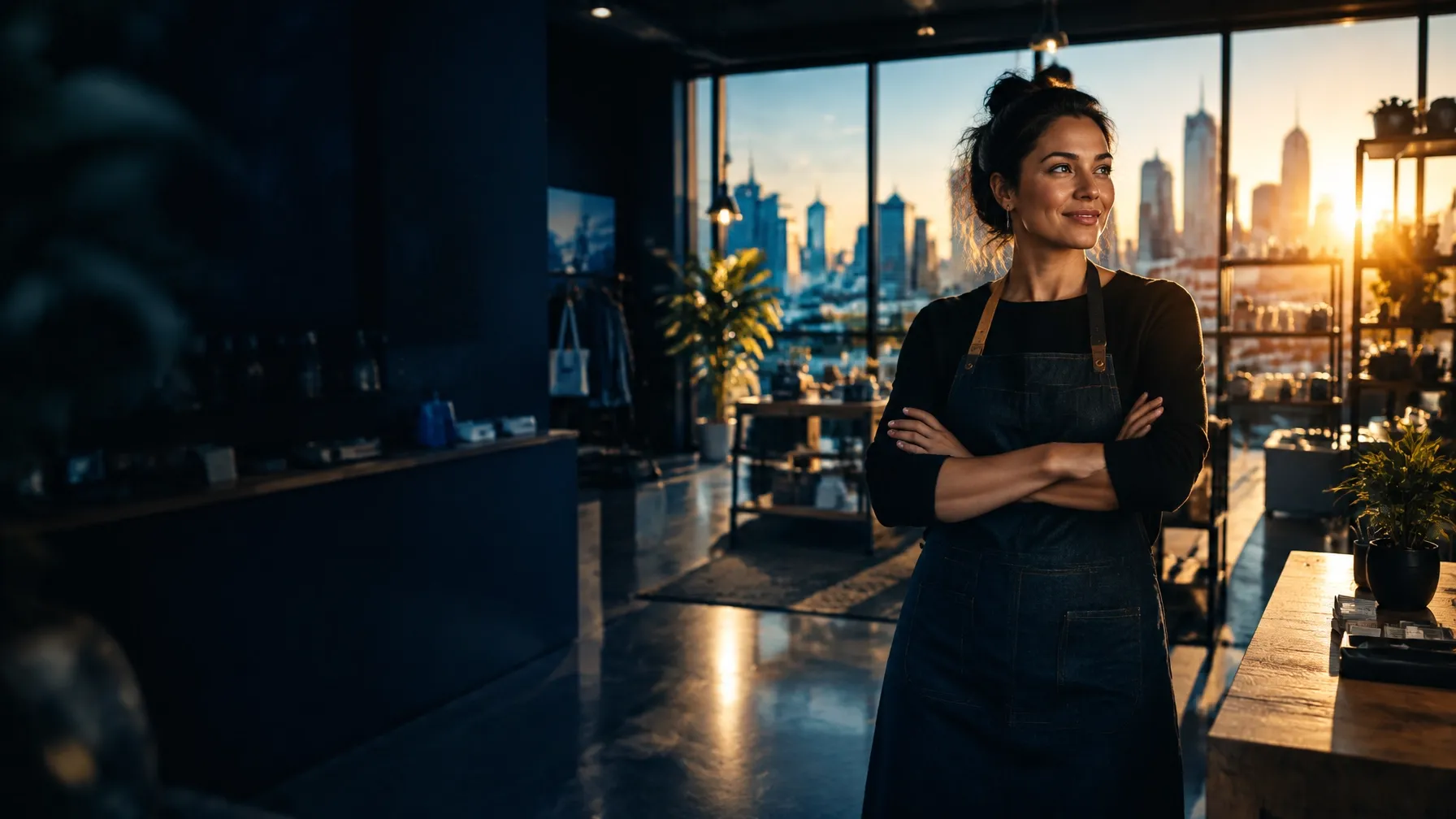 Confident business owner stepping through a thriving storefront at golden hour with a city skyline behind them