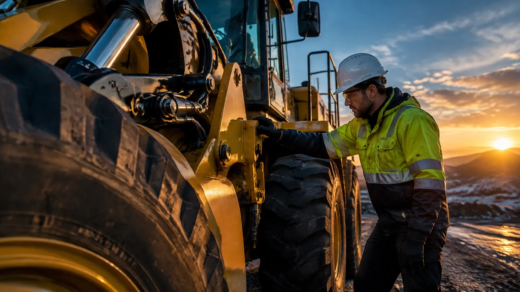 Skilled operator inspecting heavy machinery before a workday