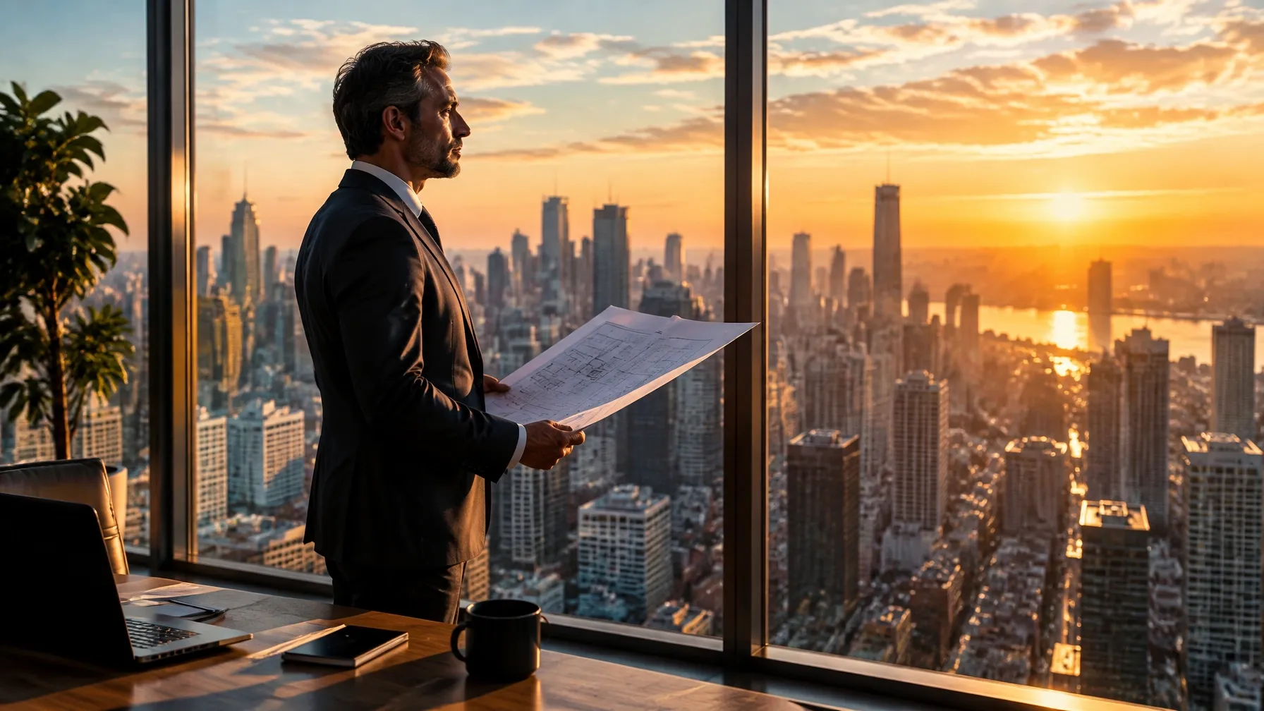 Established business operator reviewing expansion plans beside a city skyline