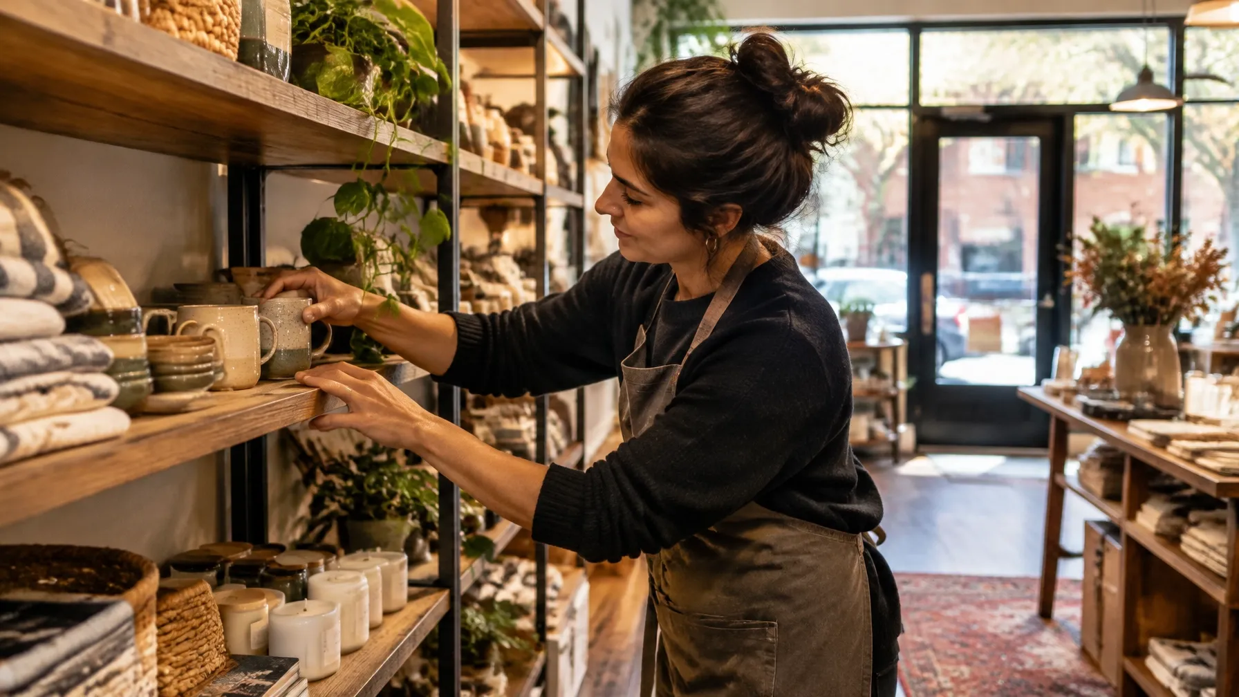 Retail owner arranging a carefully merchandised storefront display
