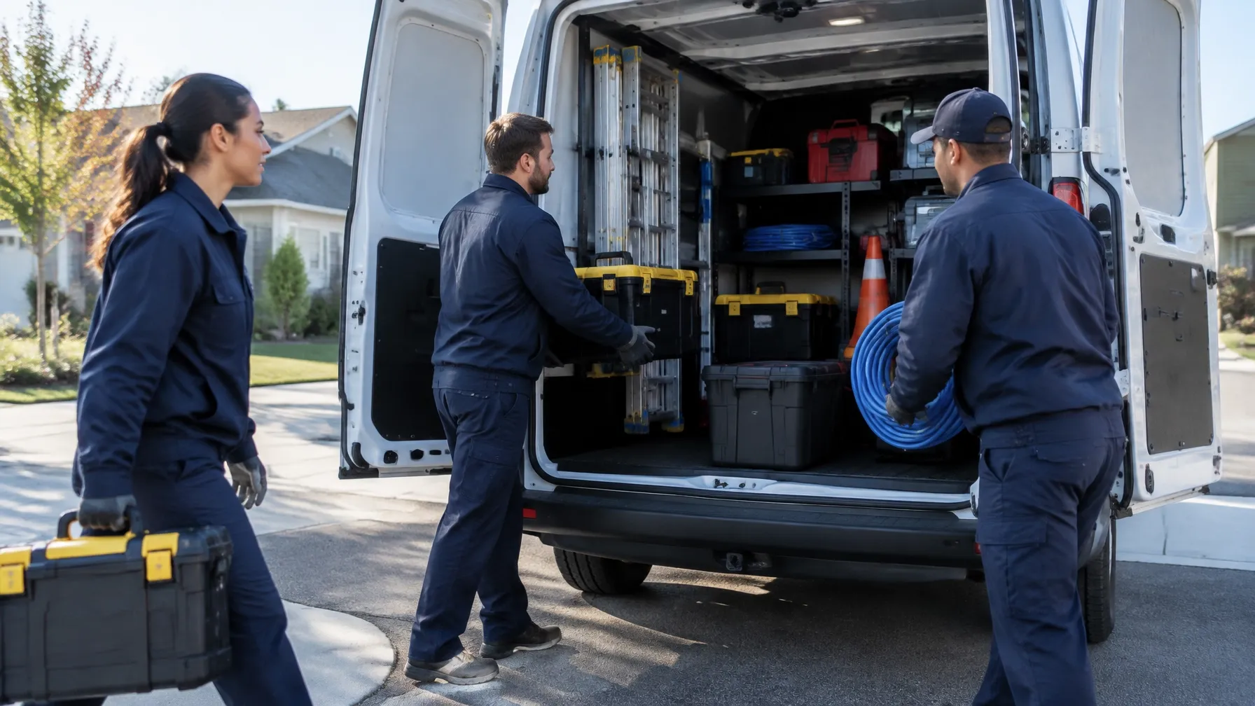Service-business team loading organized tools into a work vehicle