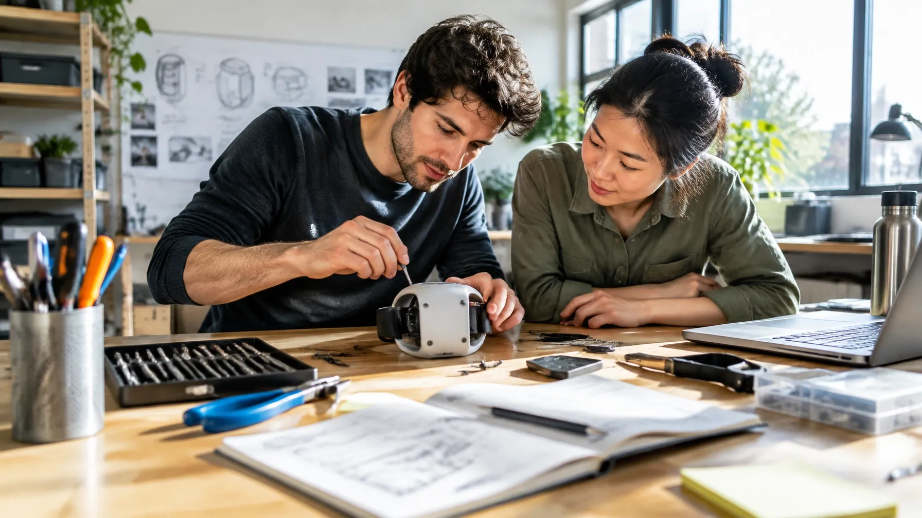 Startup founders testing a physical product prototype at a workbench