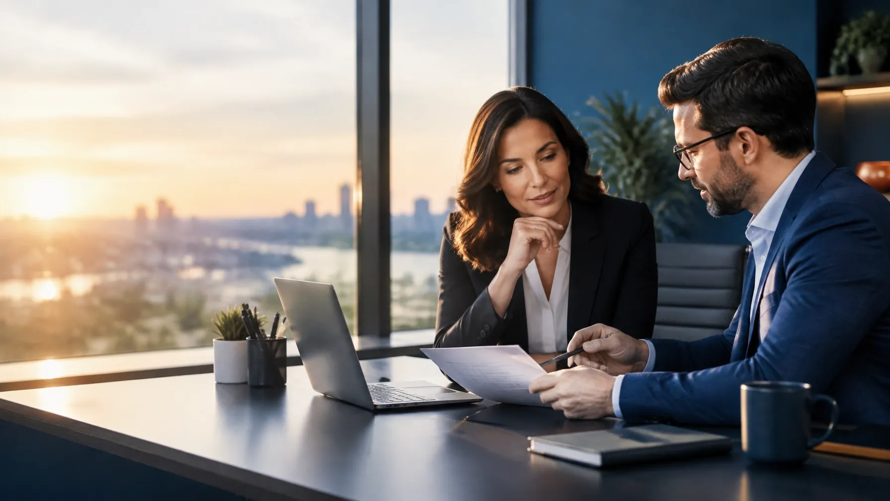 Business owner and advisor reviewing a focused marketing plan