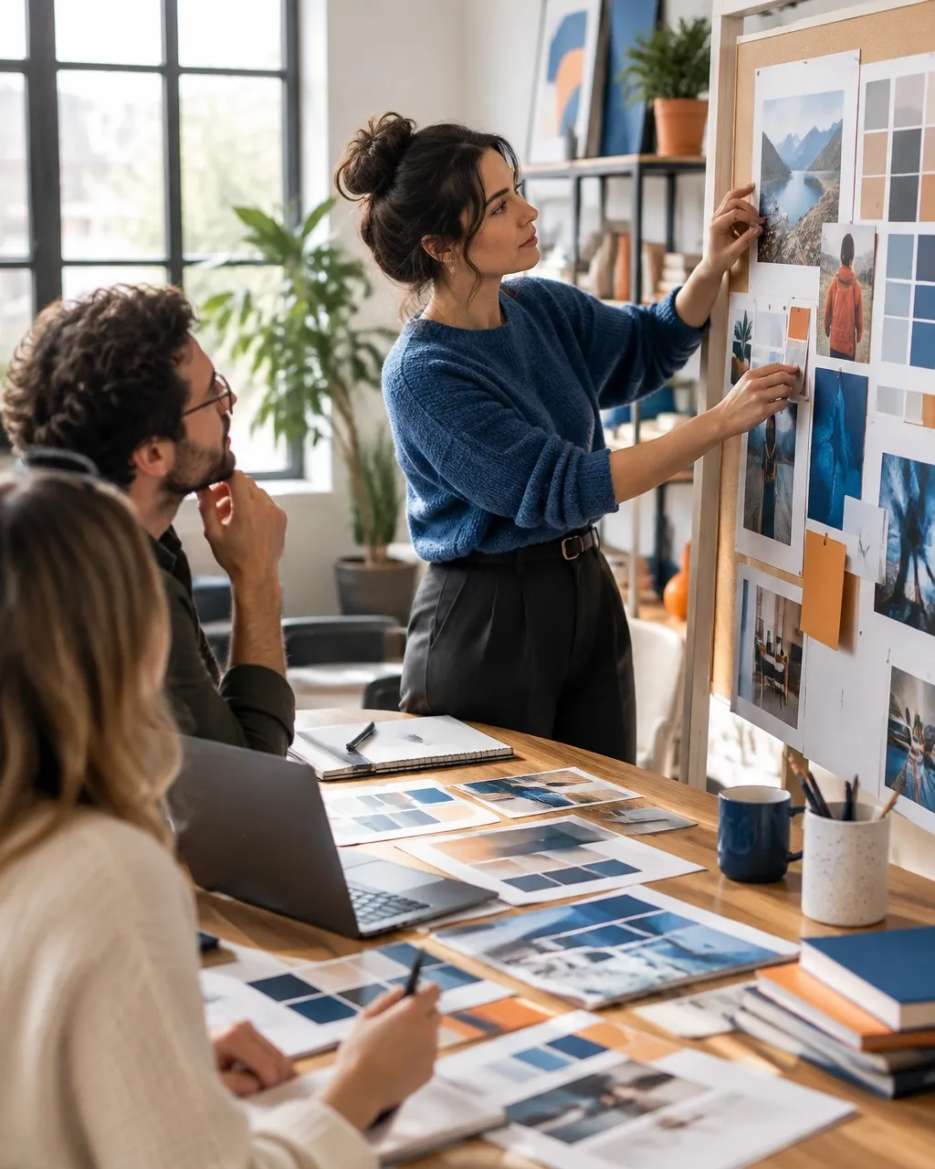 Marketing team arranging campaign and brand strategy materials