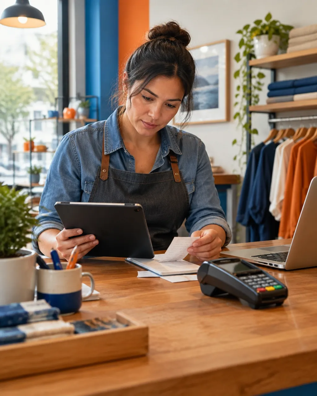 Retail owner reviewing daily sales beside a card reader