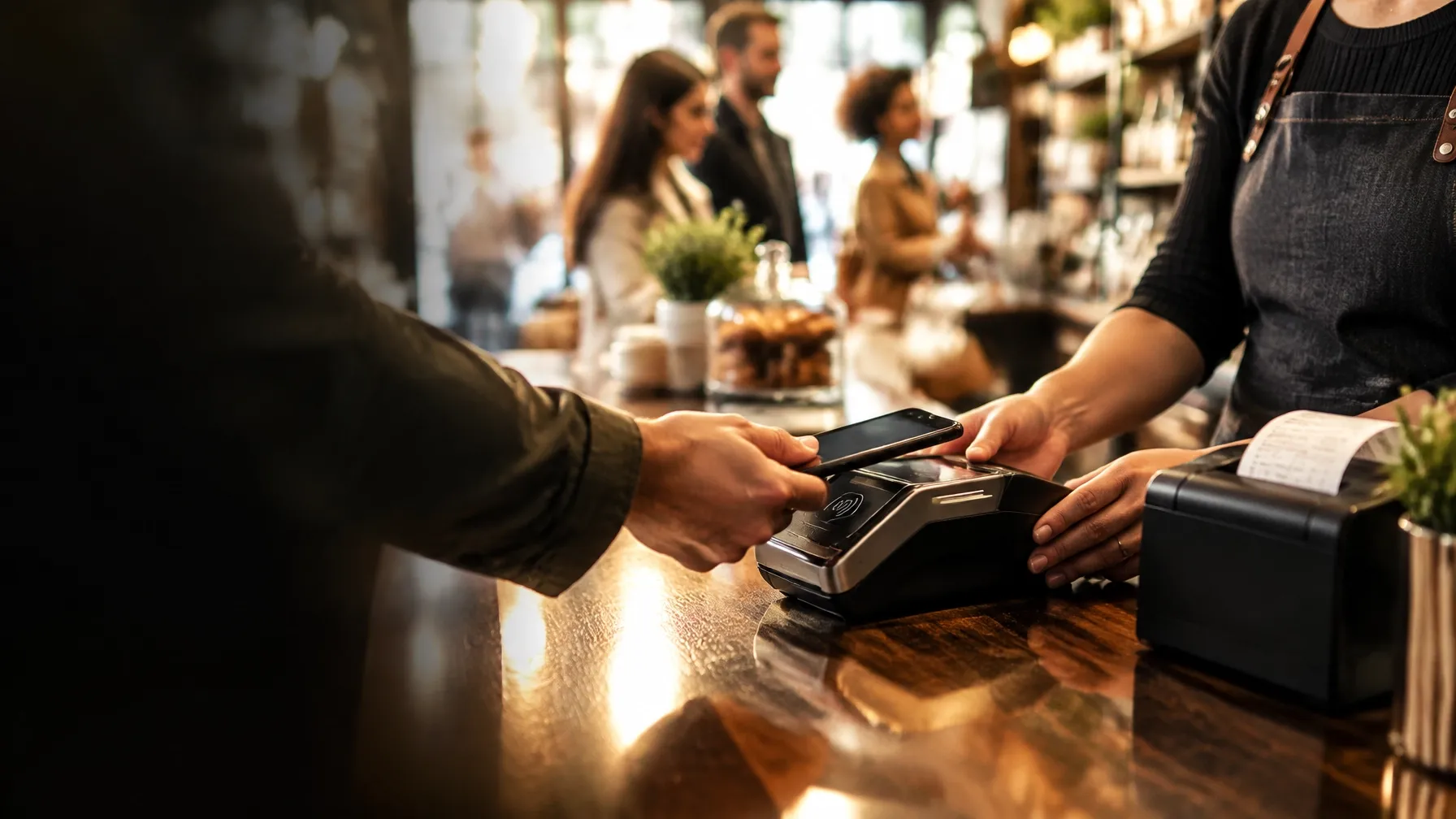 Retail owner processing a busy morning sale at a contactless payment counter