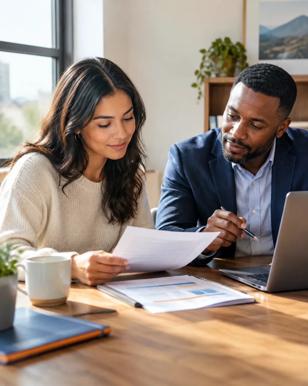 Client reviewing a credit report with an advisor at a quiet desk