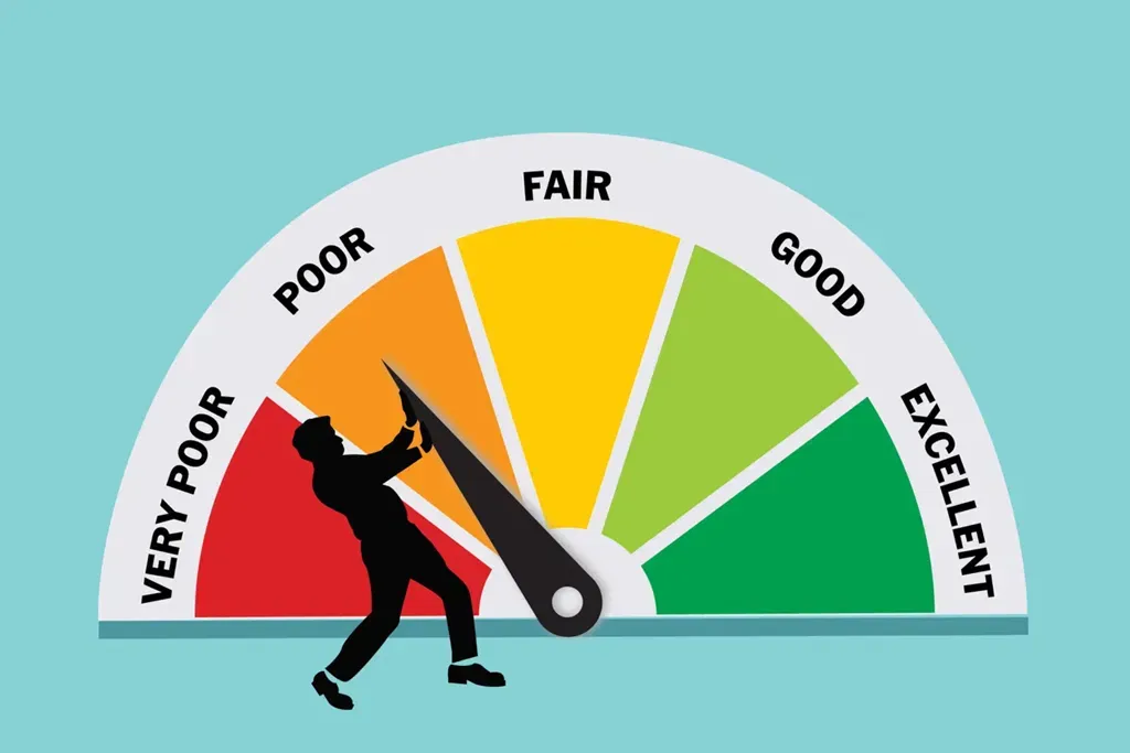 Credit score gauge moving toward a stronger range for personal credit repair