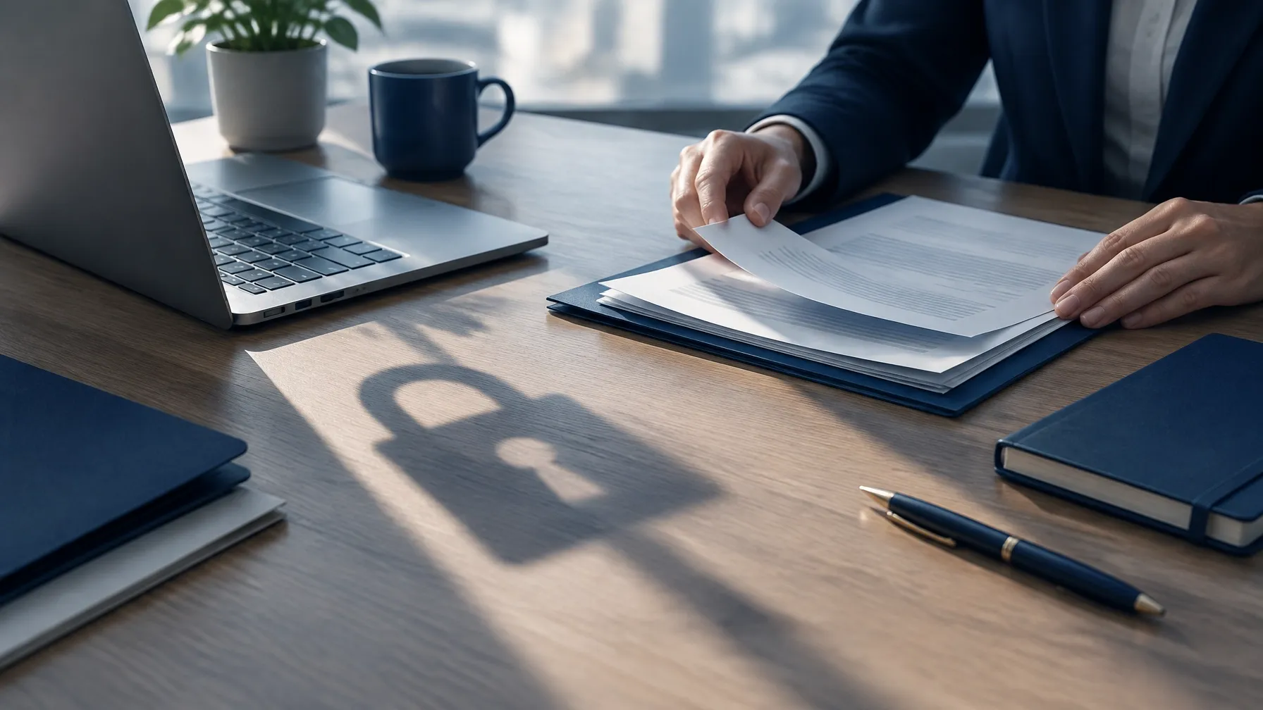 Hands organizing privacy documents beside a secure laptop