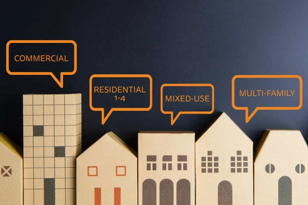 Miniature commercial, residential, and multifamily buildings representing real estate funding options