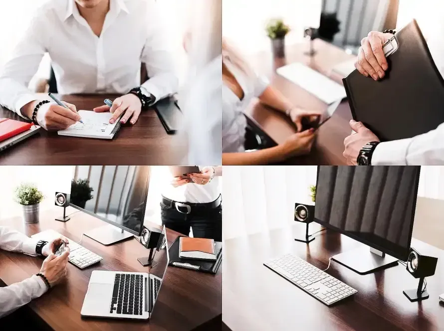 Business team collaborating over documents in a modern office