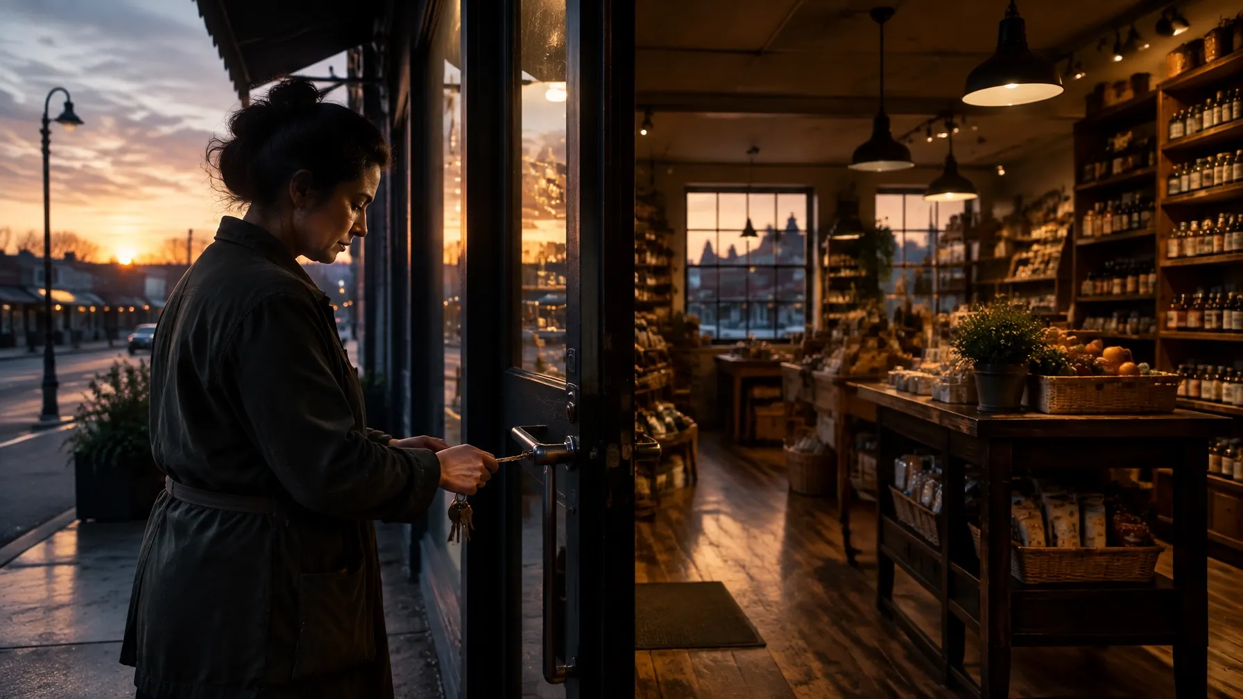 Business owner opening a neighborhood storefront before sunrise