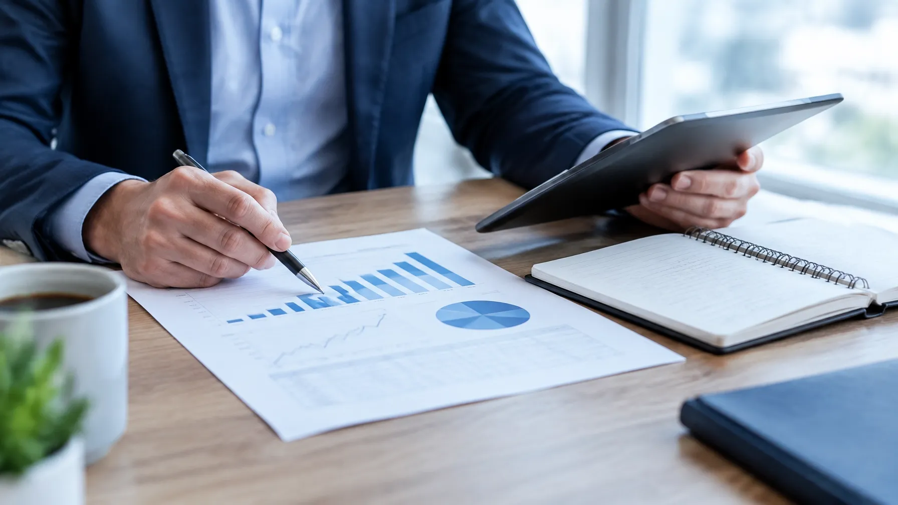 Professional reviewing a credit and cash-flow plan with a tablet