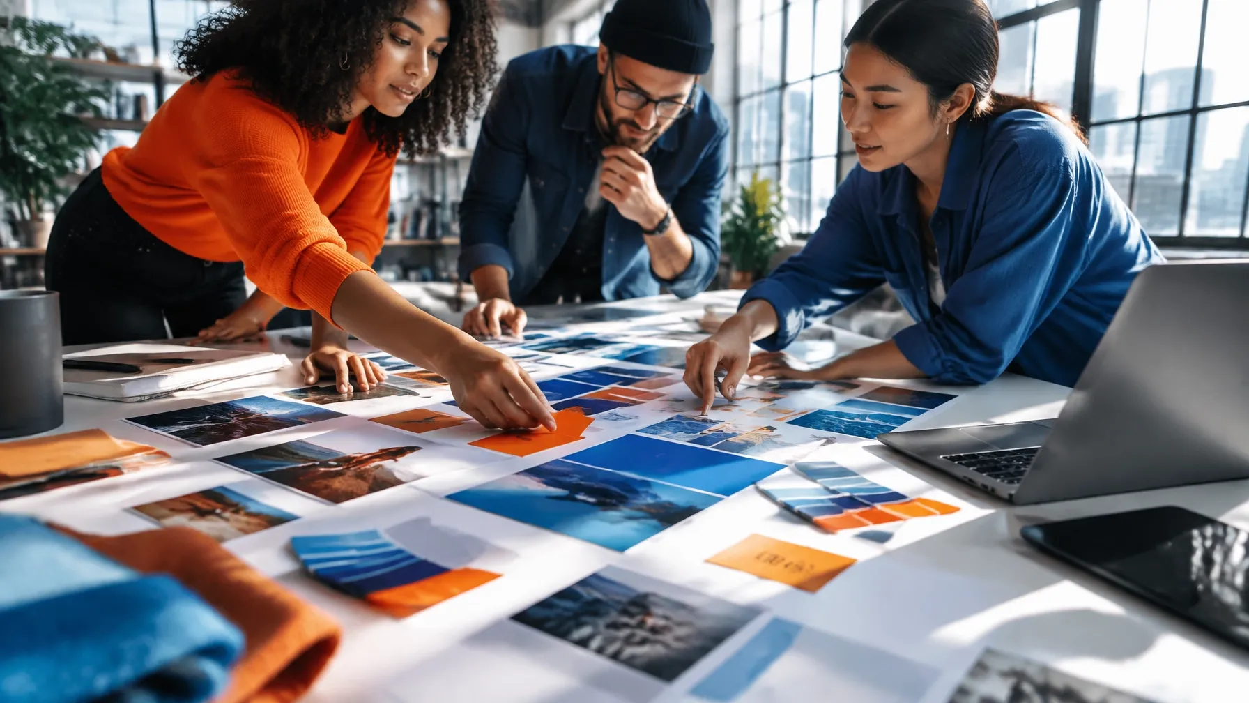 Creative team mapping a brand and campaign direction around a studio table