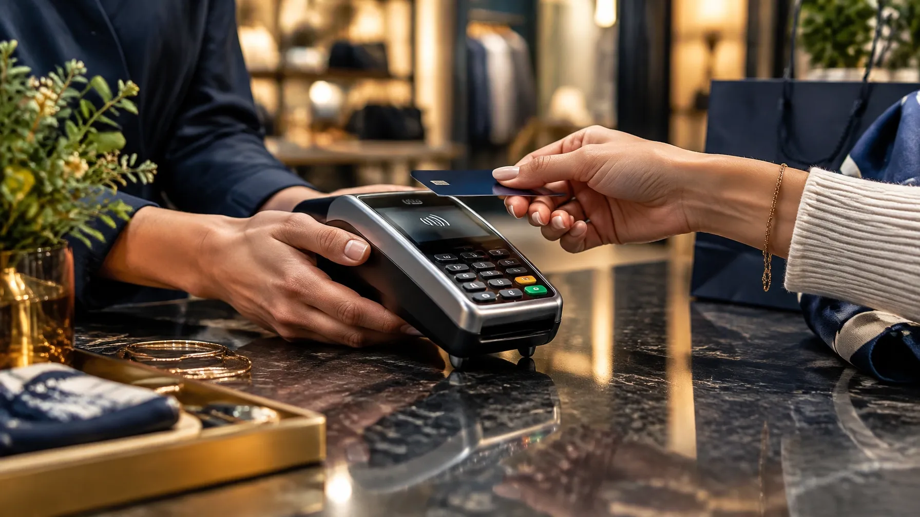 Modern point-of-sale terminal during a small retail transaction