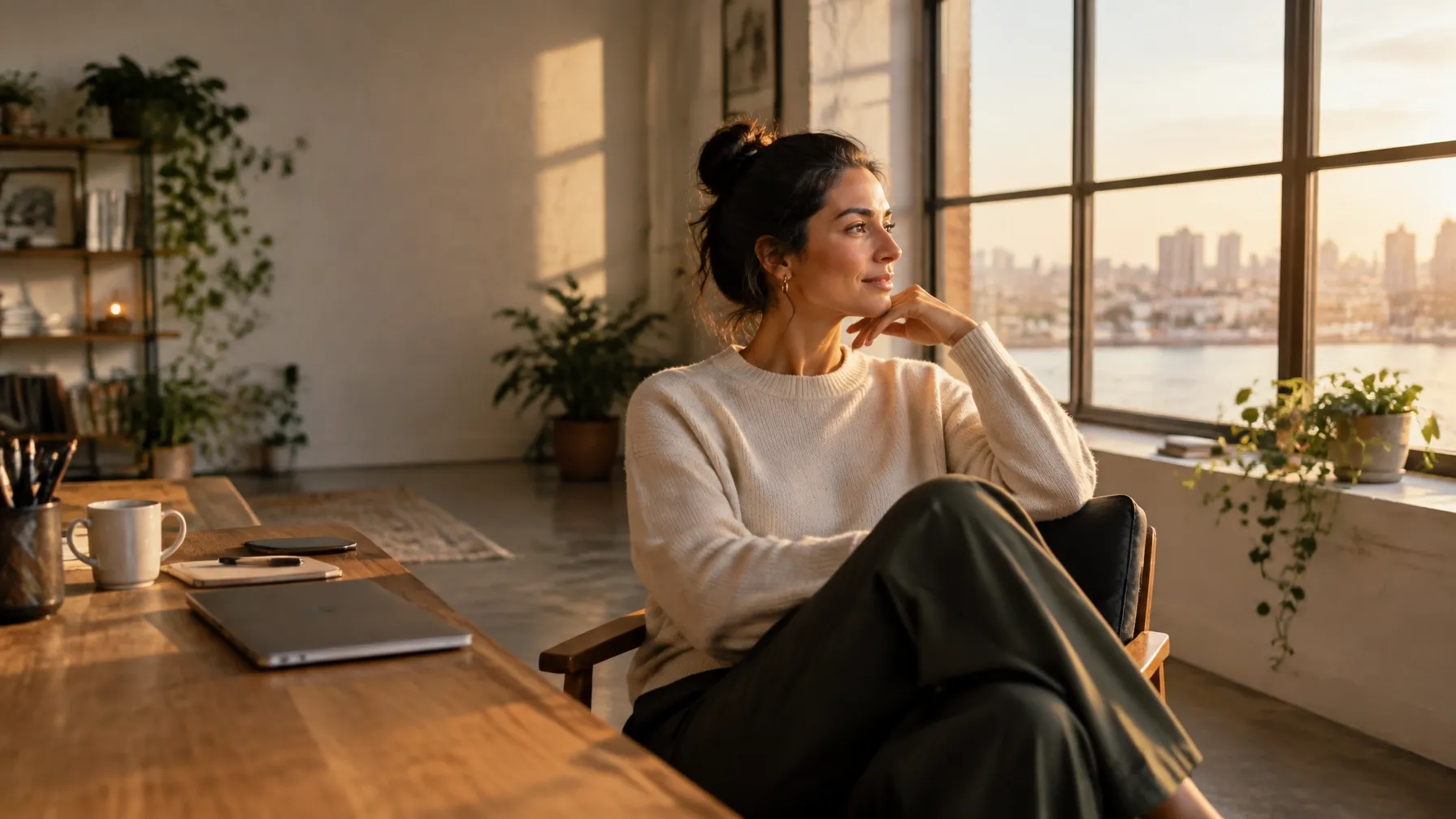 Entrepreneur reflecting beside a large window before a new financial chapter