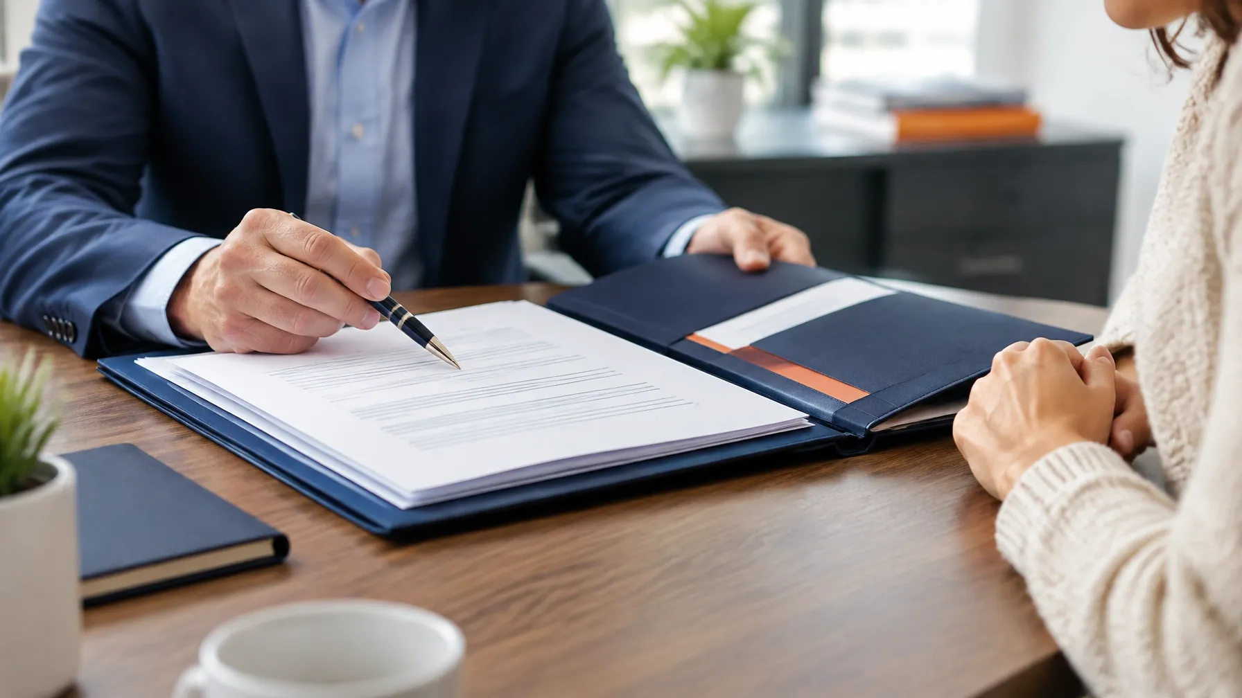 Advisor and business owner reviewing an organized website agreement folder