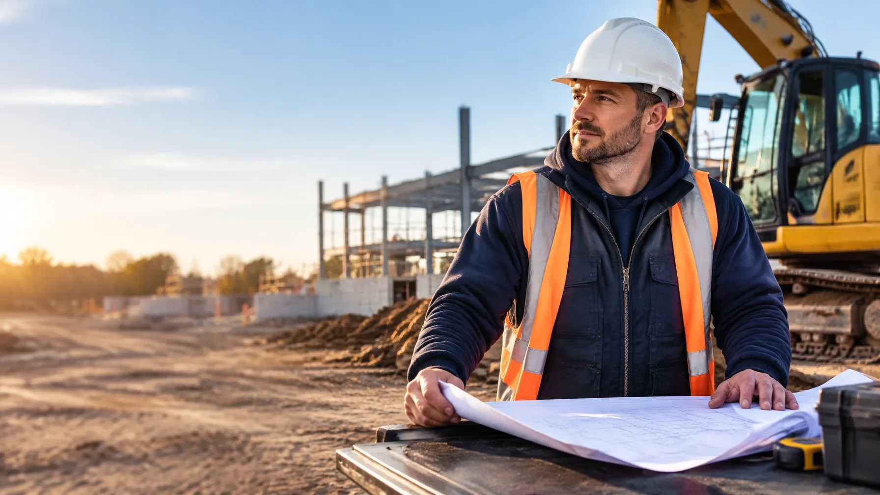 Construction business owner reviewing completed plans beside useful machinery