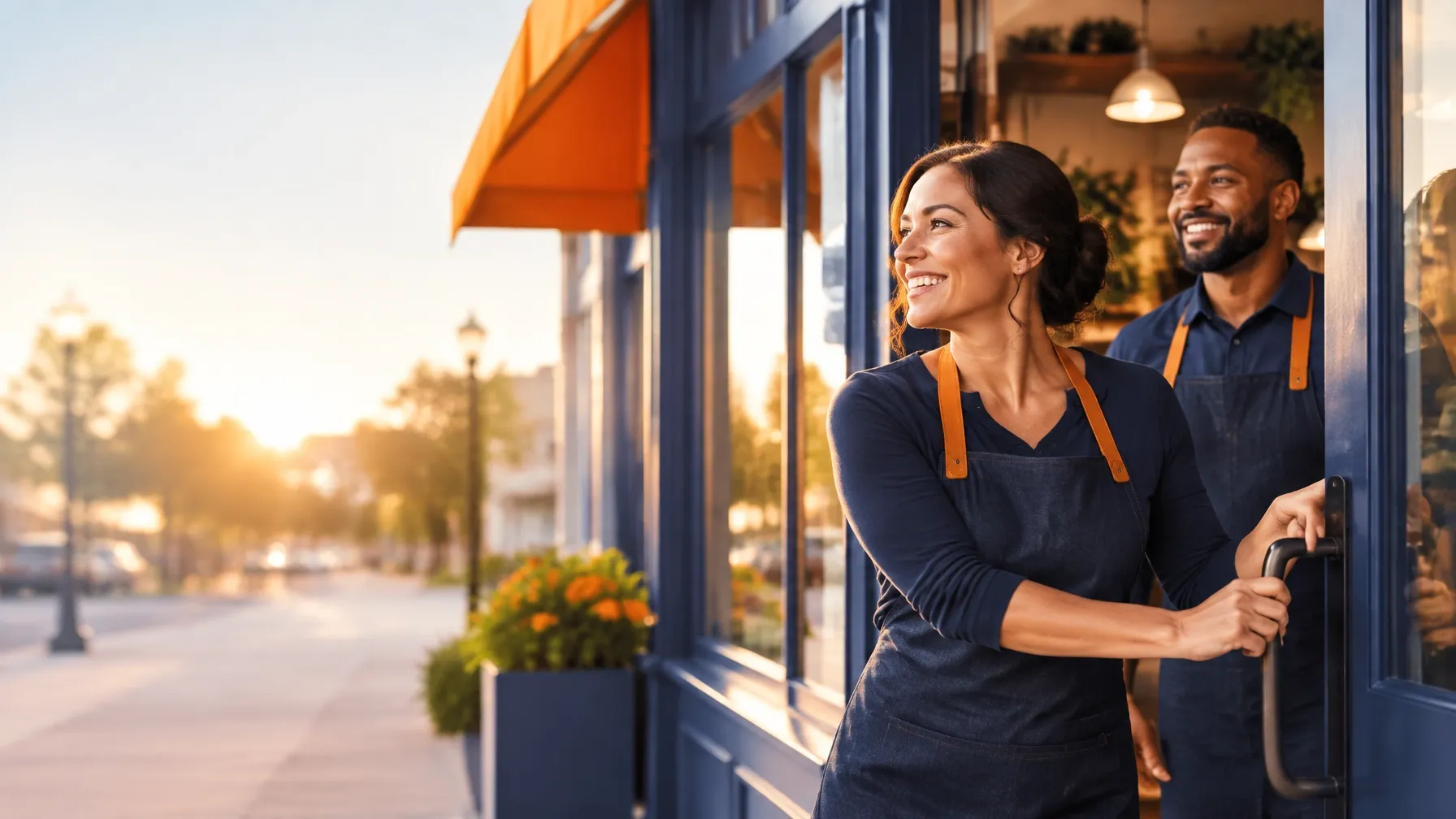 Retail owner opening a refreshed storefront with a colleague in early morning light