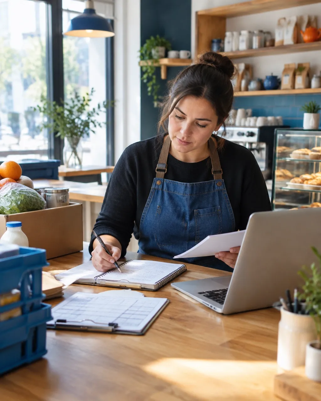 Cafe operator checking inventory and payroll notes before opening